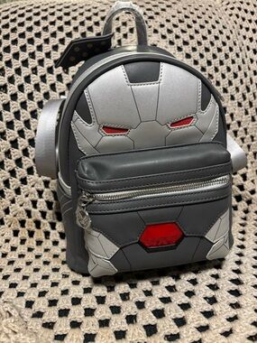 Loungefly Gray and Silver Iron Man-Style Mini Backpack with Red Accents
